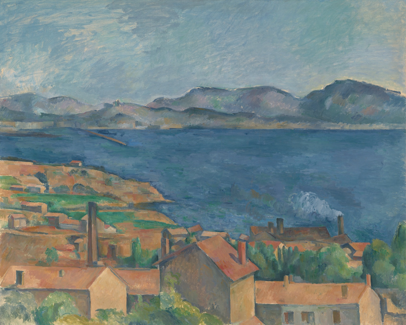 Cézanne's Bay of Marseille: warm terracotta rooftops above a deep blue Mediterranean bay.