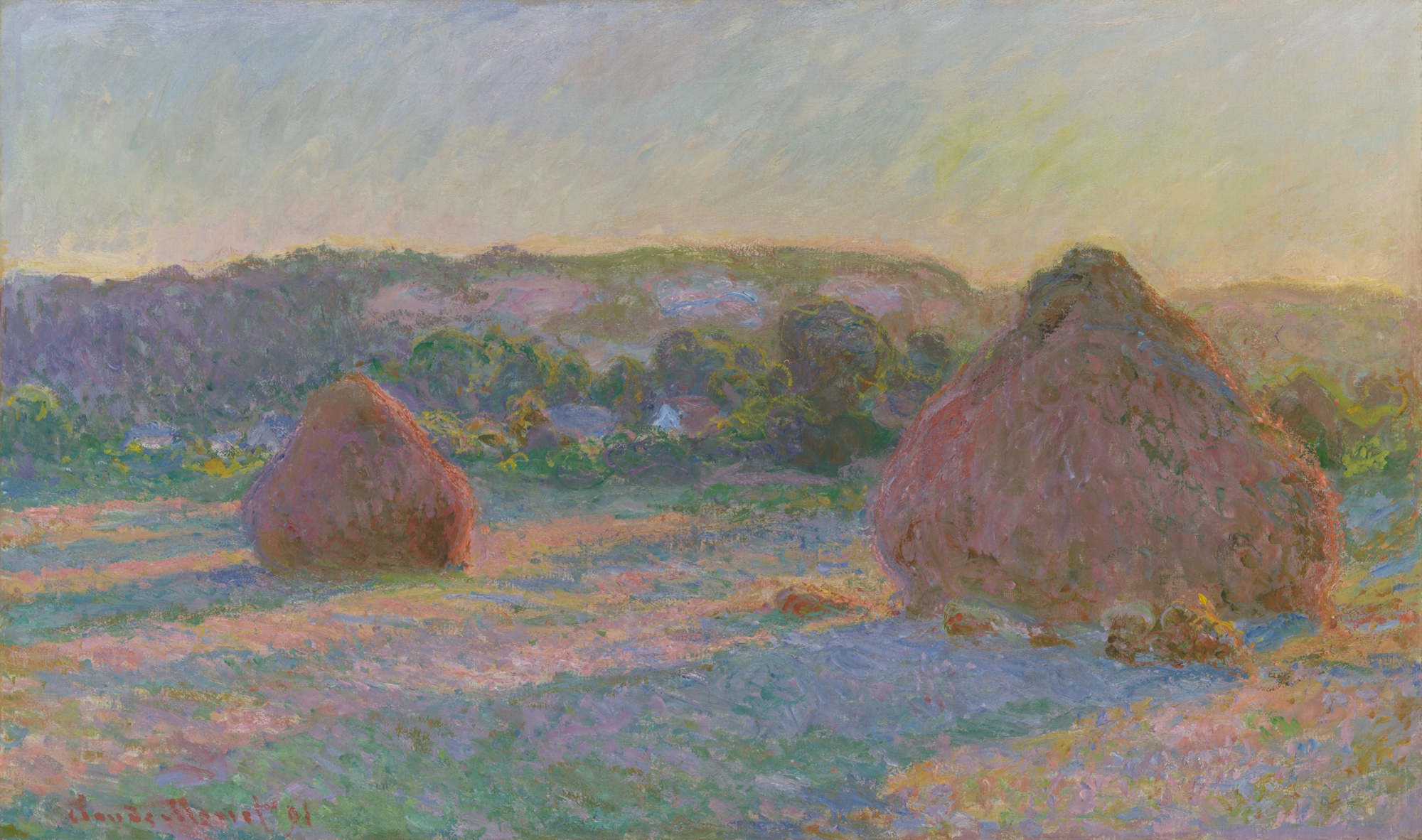 Monet's Stacks of Wheat at end of summer: warm gold fields under a soft sky.