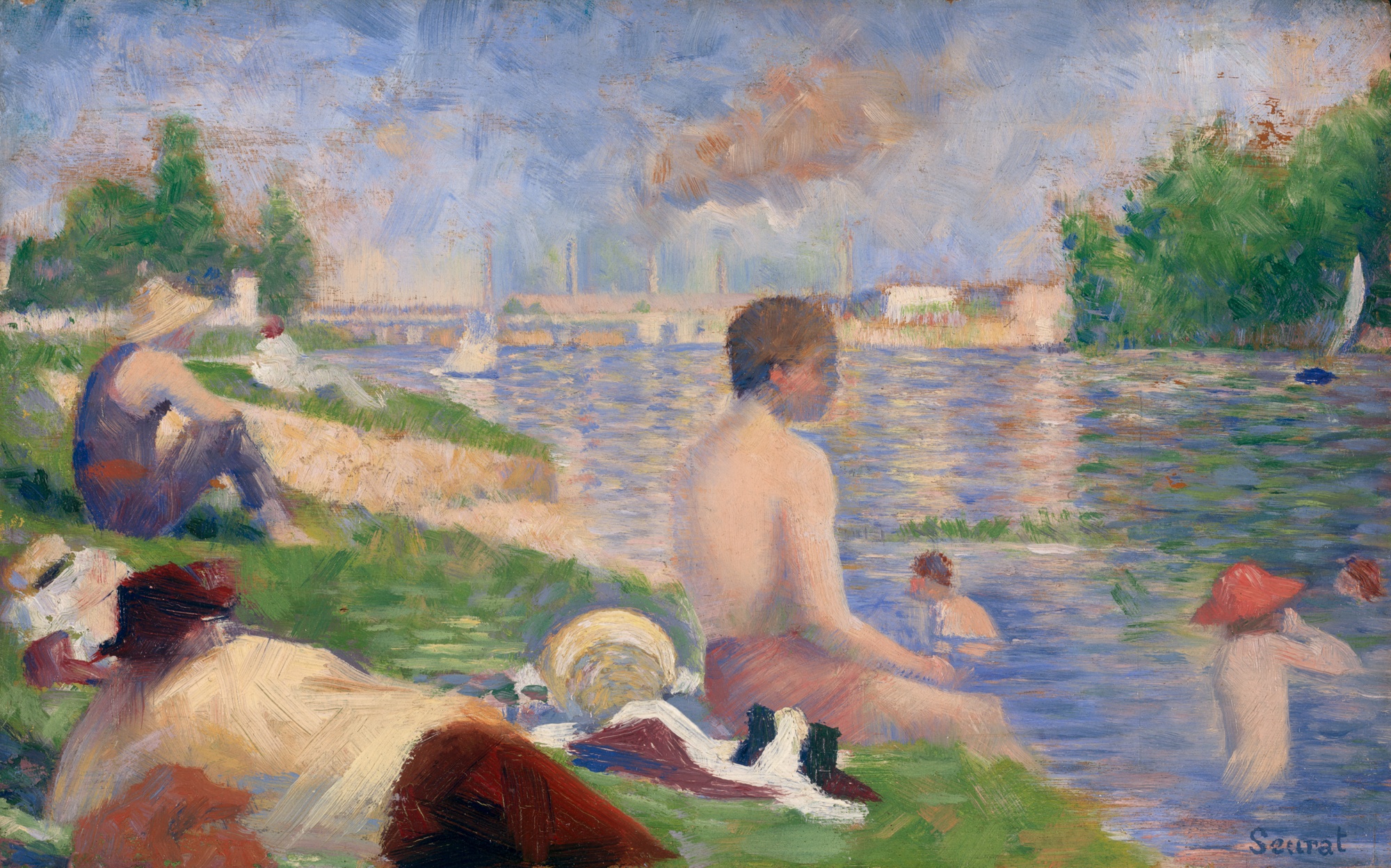 Seurat's study for Bathers at Asnières: figures resting on a riverbank under a bright summer sky.